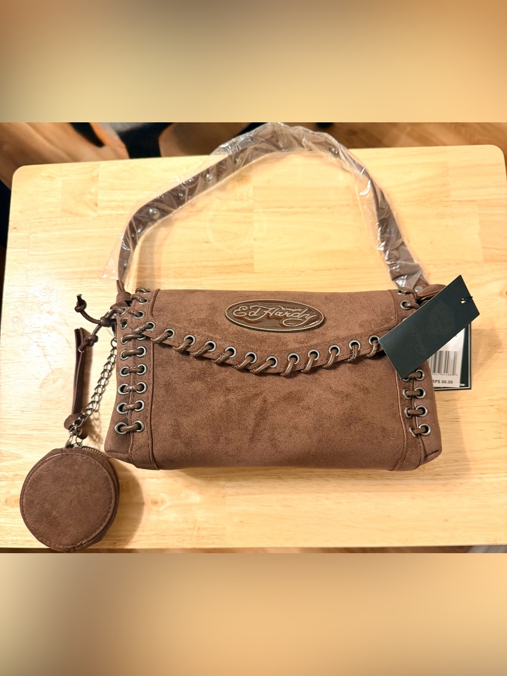 Ed Hardy Brown Suede Lace Up Studded Shoulder Bag NWT